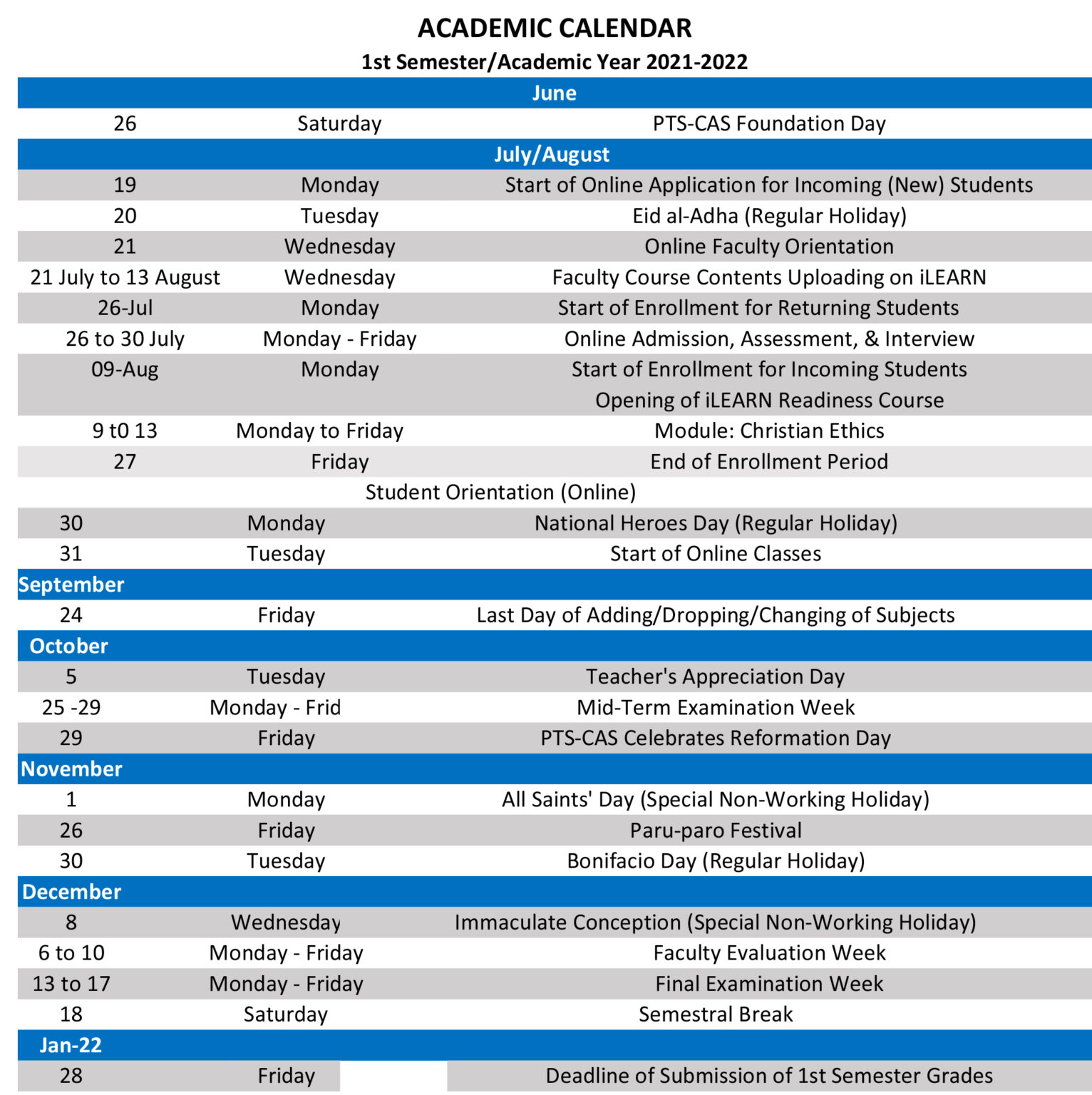 Academic Calendar | PTS College and Advanced Studies