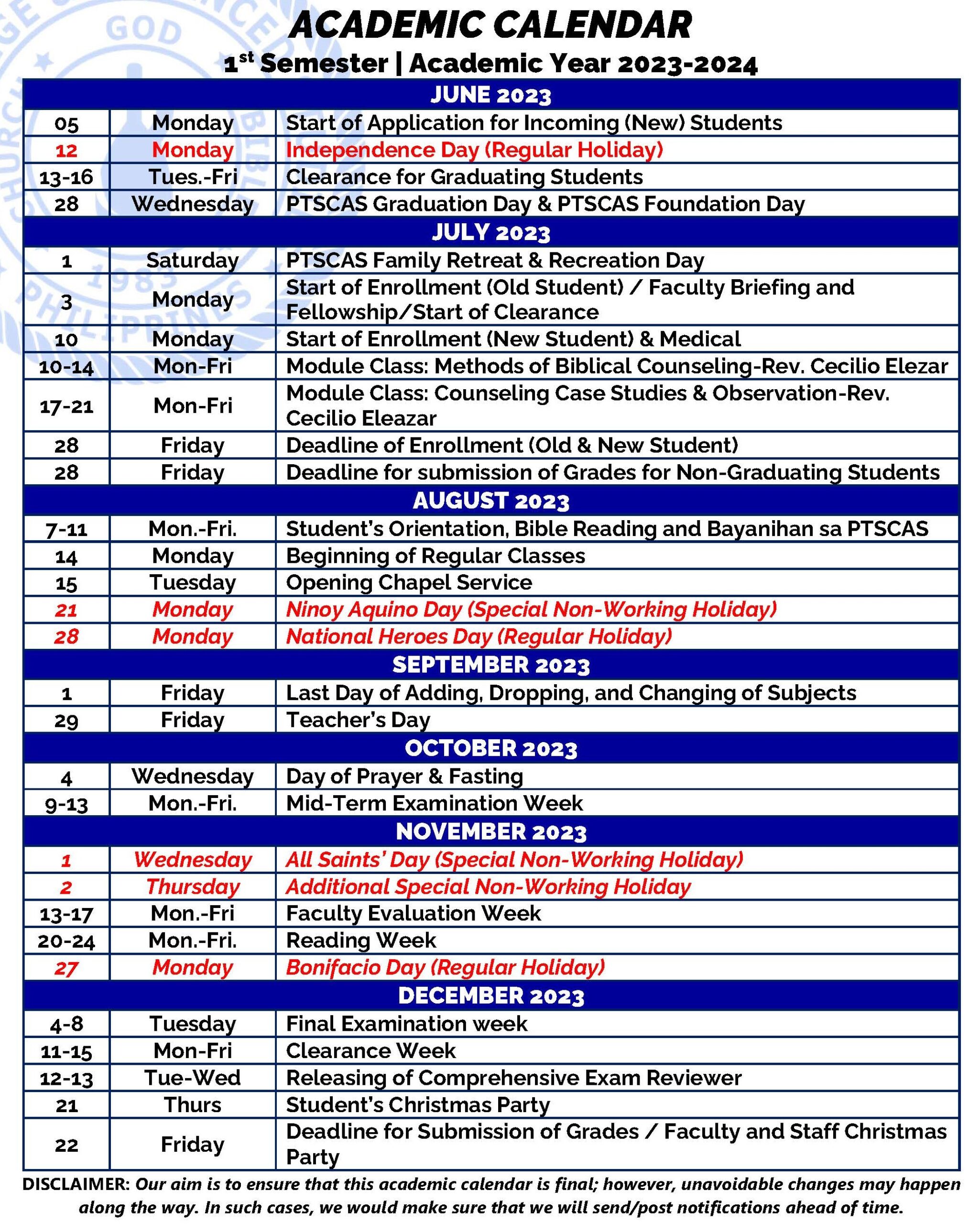 Academic Calendar PTS College & Advanced Studies